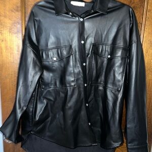 Black Faux Leather Button-Up Shirt